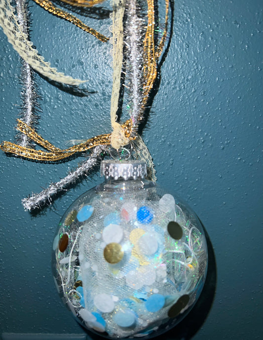 Turquoise Confetti Glitter Ornament Package Topper