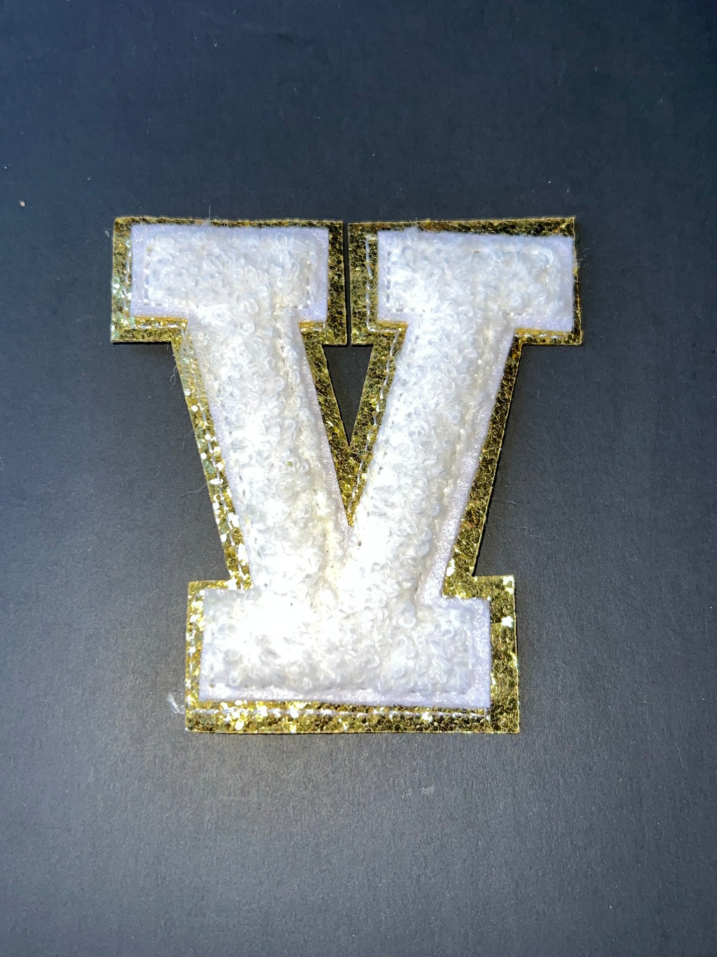 White and Gold Glitter Chenille Letter V