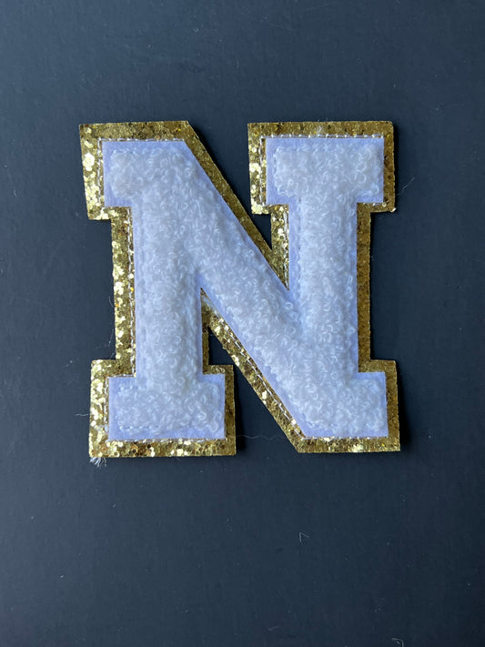 White and Gold Chenille Letter N