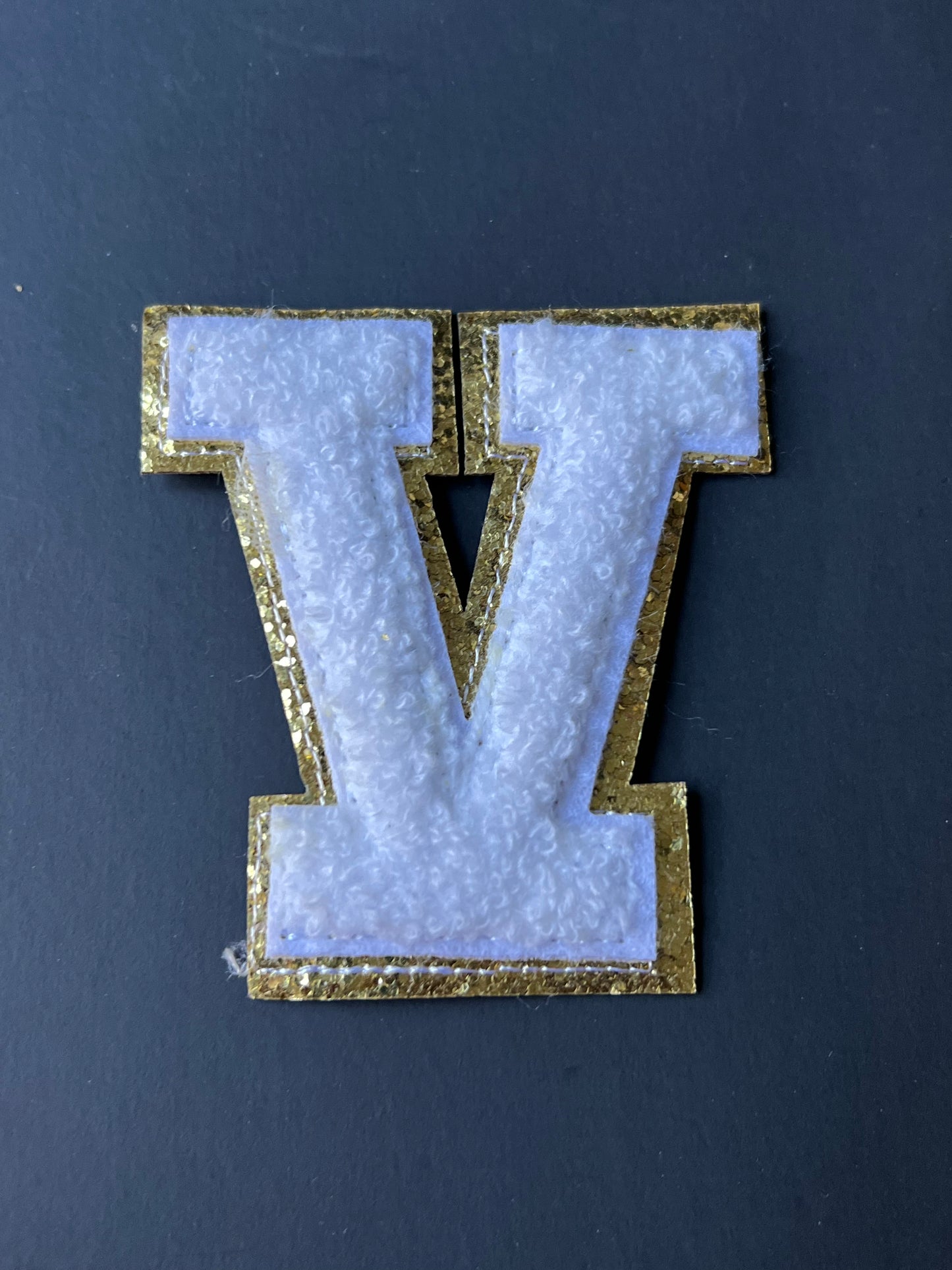 White and Gold Glitter Chenille Letter V