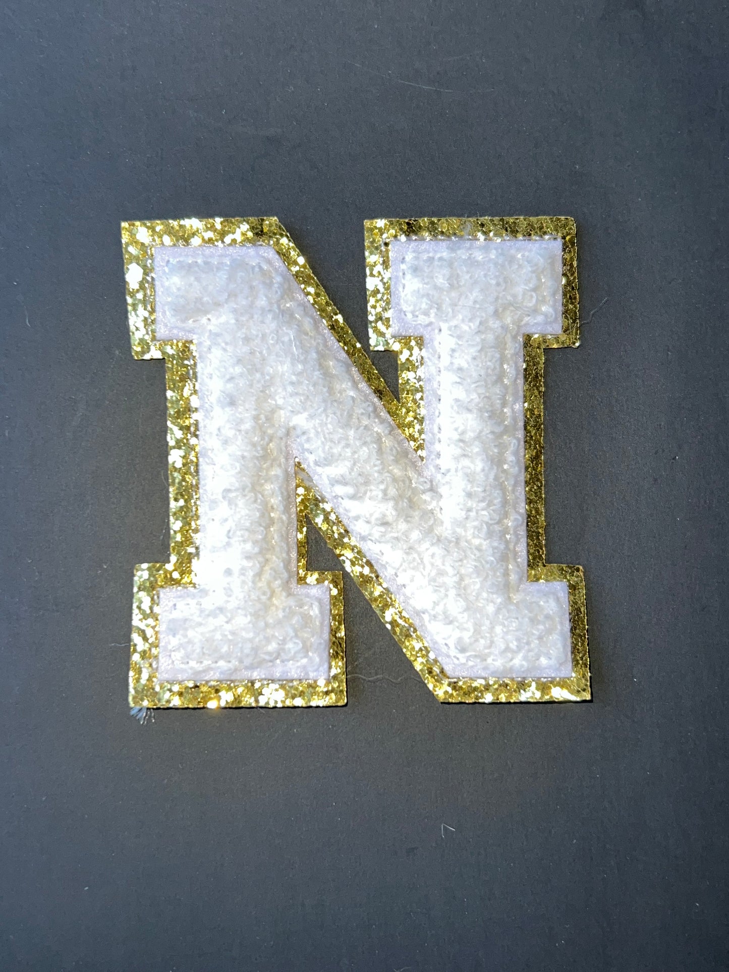 White and Gold Chenille Letter N