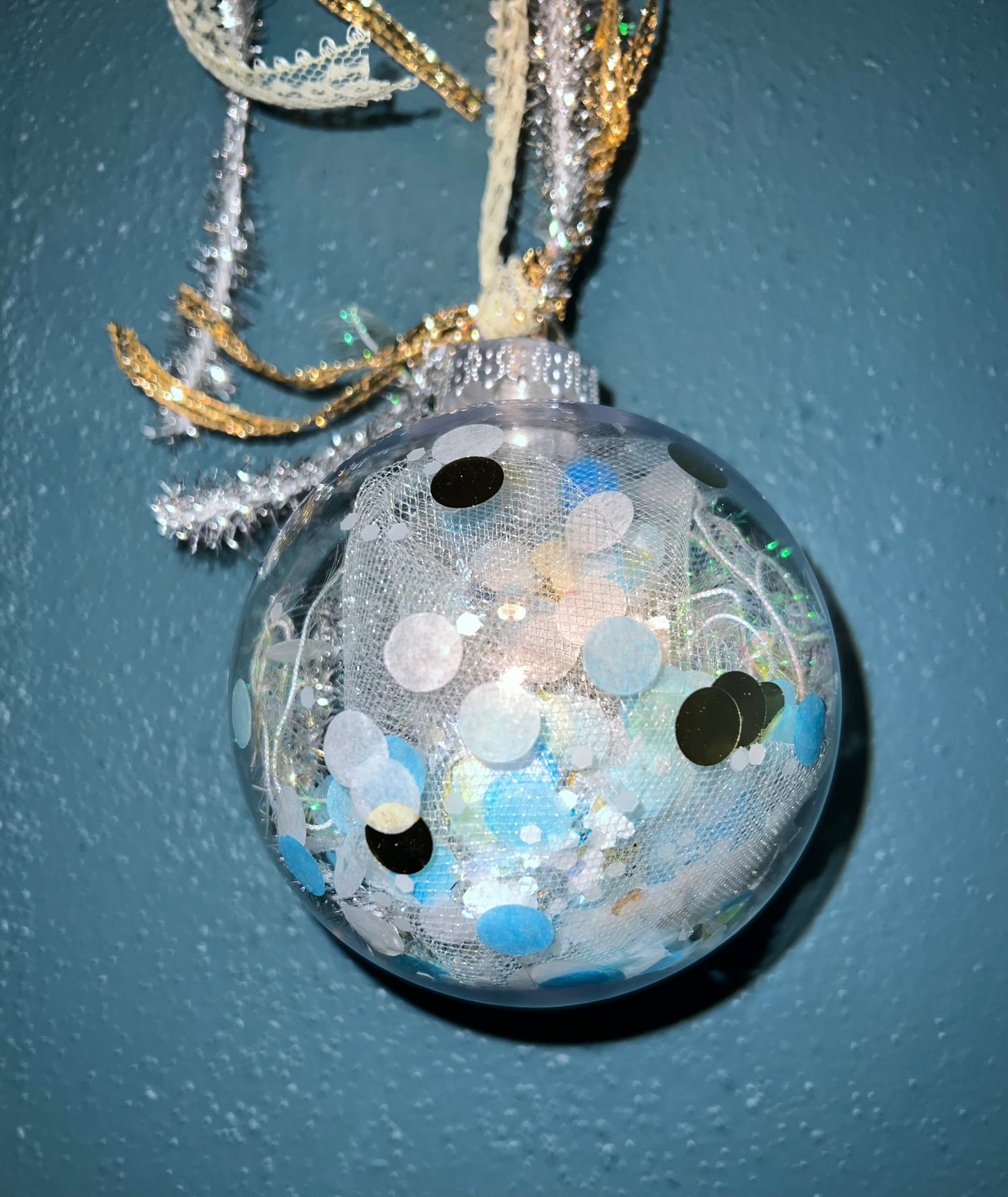 Turquoise Confetti Glitter Ornament Package Topper